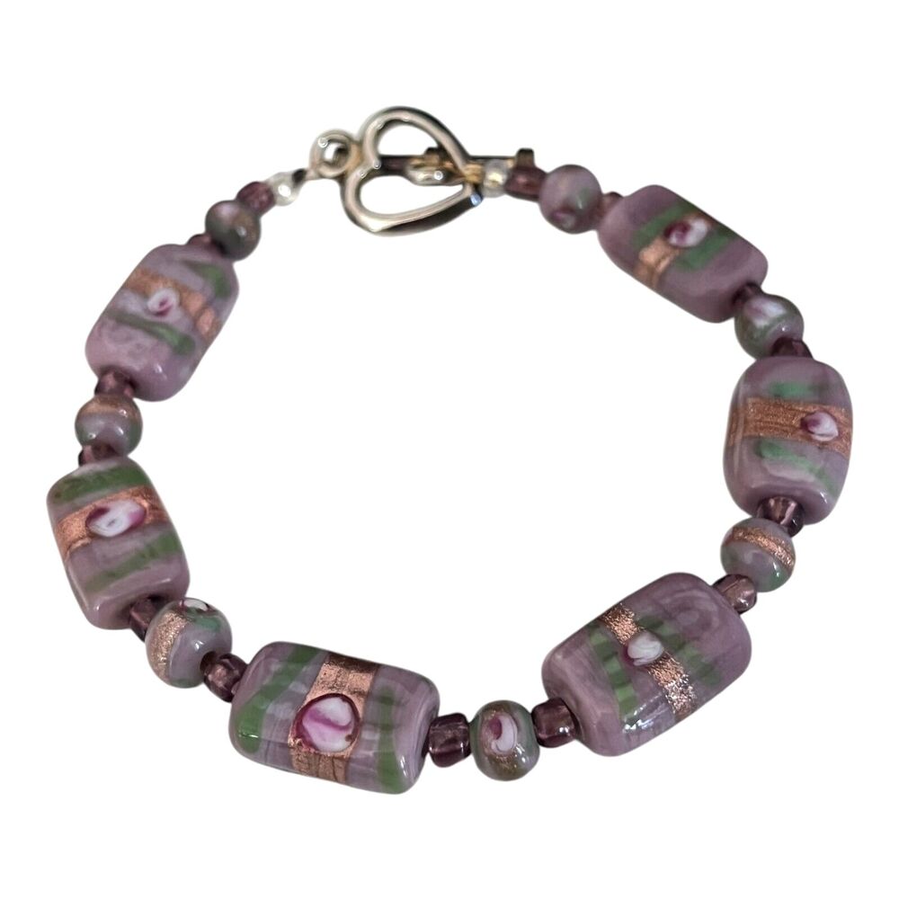 Vintage 1980s Glass Bead Bracelet Purple Green Gold Tone Toggle Clasp - 9N
